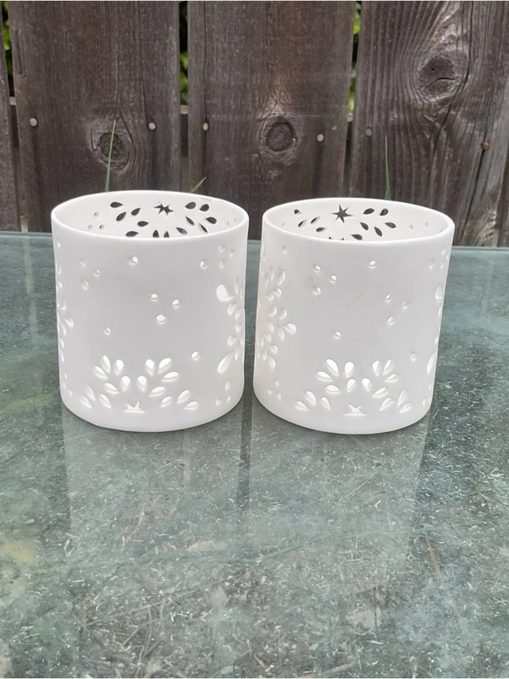 Crate&Barrel White Ceramic Cutout Candle Holders — Pair